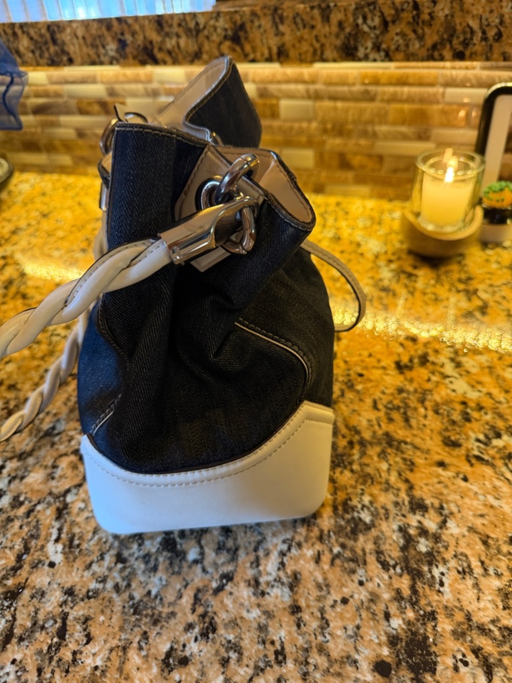 Michael Kors Navy Denim and White Drawstring Shoulder Bag - Picture 5 of 13